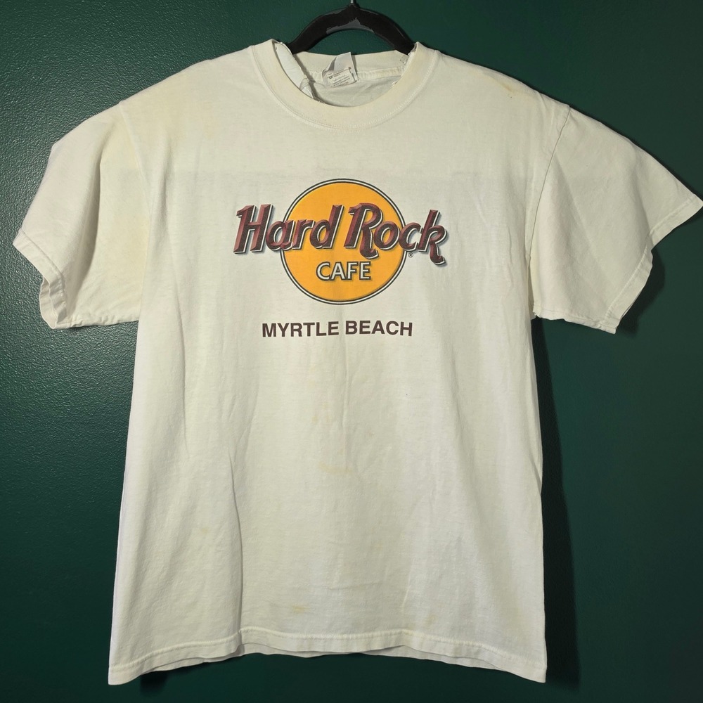 Hard Rock Cafe Myrtle Beach T-Shirt Mens Medium Cream Graphic Tee Short Sleeve